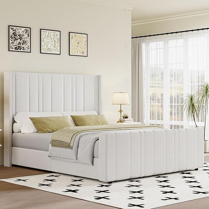 HOMBCK Queen Bed Frame Upholstered Platform Bed with Vertical Channel Tufted Headboard & Footboard, Wingback Design/Noise Free/No Box Spring Needed/Easy Assembly, Cream-Ruum Studio Home