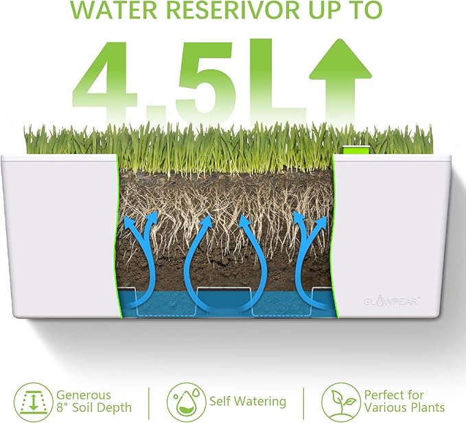 Glowpear Self Watering Planter Box - 23.6", White - UV Stable, Scalable Wall Mounts Plant Pot with Water Gauge, Indoor Outdoor for Vegetables, Flowers, Herbs, and Succulents, Gardening-Ruum Studio Home