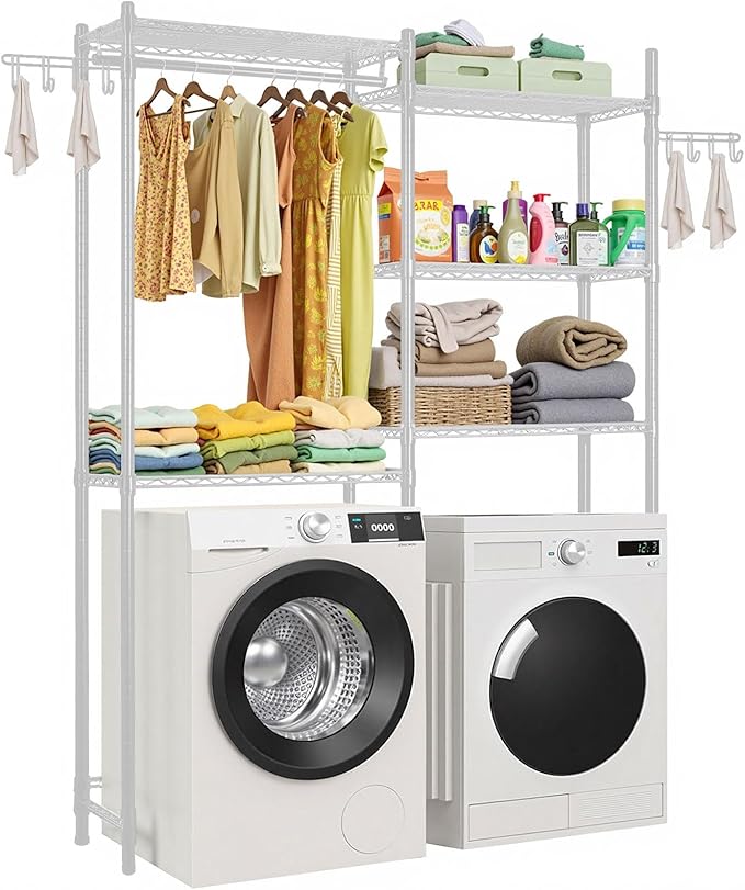 VEVOR Over The Washer and Dryer Storage Shelf, 5 Tier Laundry Room Drying Rack with Hanger Rod and Hooks, Adjustable Over Washer and Dryer Shelves, Laundry Room Shelf Storage Space Saver, White-Ruum Studio Home