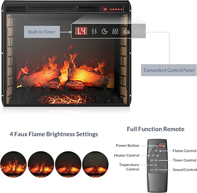 BELLEZE 28" Electric Fireplace, 1500 W 5000 BTU Space Heater with Adjustable Timer, Realistic Wood Log & Crackling Sound, Indoor Fireplace for TV Stand Mantel, Bedroom, Living Room-Ruum Studio Home