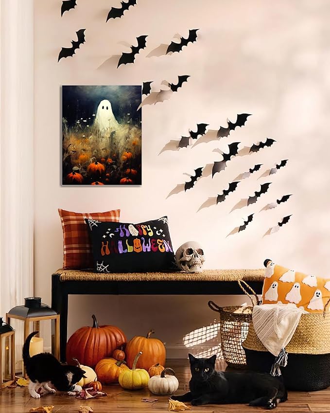 Halloween Canvas Wall Art, Spooky Ghost in Pumpkin Patch Poster, Vintage Gothic Fall Decor, Dark Academia Fall Decor for Living Room, Framed Indoor Halloween Decorations-Ruum Studio Home