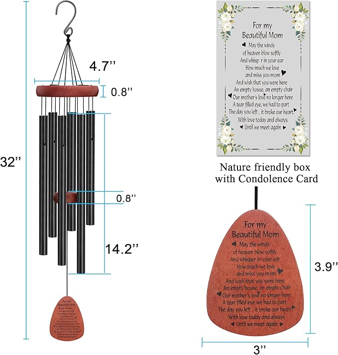 Memgift Memorial Wind Chimes for Outside – Sympathy Gift for Loss of Mother, Outdoor Yard Keepsake Wind Chime in Memory of Mom-Ruum Studio Home