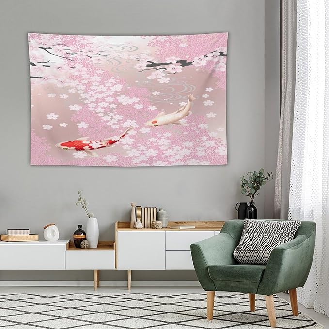 Houselerax Japanese Koi Fish Tapestry, Cherry Blossoms Asian Oriental Pink Flower Branch Koi Fish Carp Tapestries Wall Hanging for Bedroom Living Room Office Decor 90"x60"-Ruum Studio Home