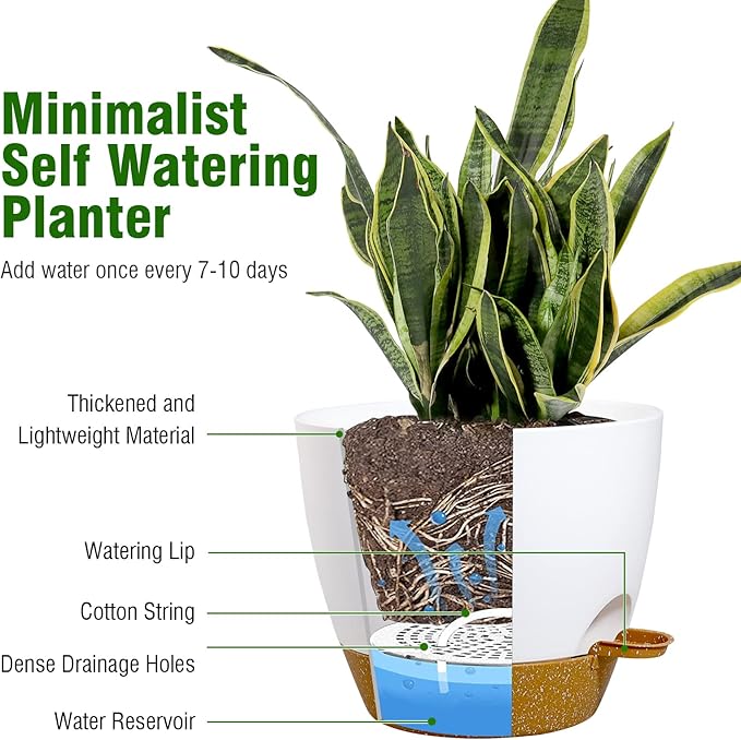 10/9/8 inch Medium Self Watering Pots, Planter, Plant Pots with Mesh Drainage Holes for Indoor Outdoor Garden Plants, Plastic Flower Pots with Removable Deep Reservoir, White with Brown-Ruum Studio Home