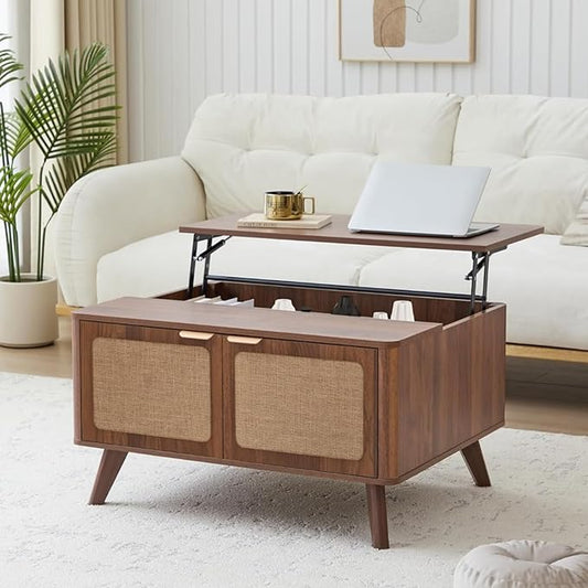AVZEAR Lift Top Coffee Table with Storage, Mid Century Modern Coffee Table with Nature Linen Doors & Large Hidden Storage, Rounded Corners Center Table Farmhouse Coffee Tables for Living Room, Walnut-Ruum Studio Home