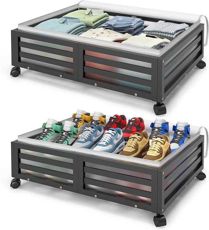Under Bed Storage Containers With Wheels - 2 Pcs Bamboo Wood Rolling Underbed Shoe Storage Bins With Dust Bags for Clothes Blankets, Duvet Covers Snacks Toys (Black)-Ruum Studio Home