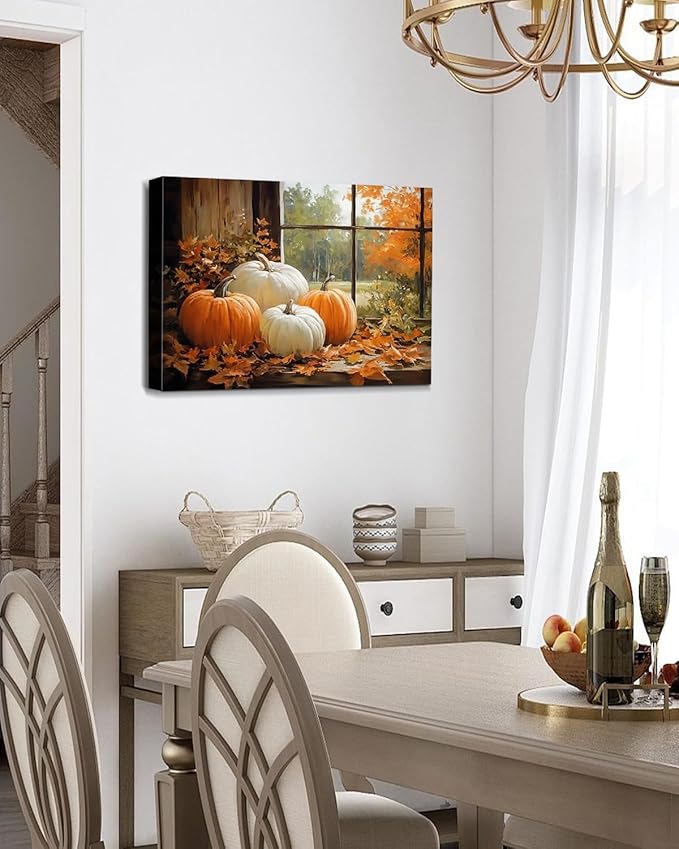 Vintage Pumpkin Window Fall Wall Art Decor, Farmhouse Barn Canvas Print with Autumn Harvest Theme, Framed Thanksgiving Decorations for Country Home, Ready to Hang-Ruum Studio Home