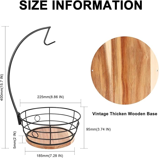 Livabber Countertop Fruit Basket Bowl with Banana Hanger, Modern Standing Fruit Vegetable Bowl Storage, with Banana Tree Holder for Kitchen Dinning Table (Round Wood, Black)-Ruum Studio Home