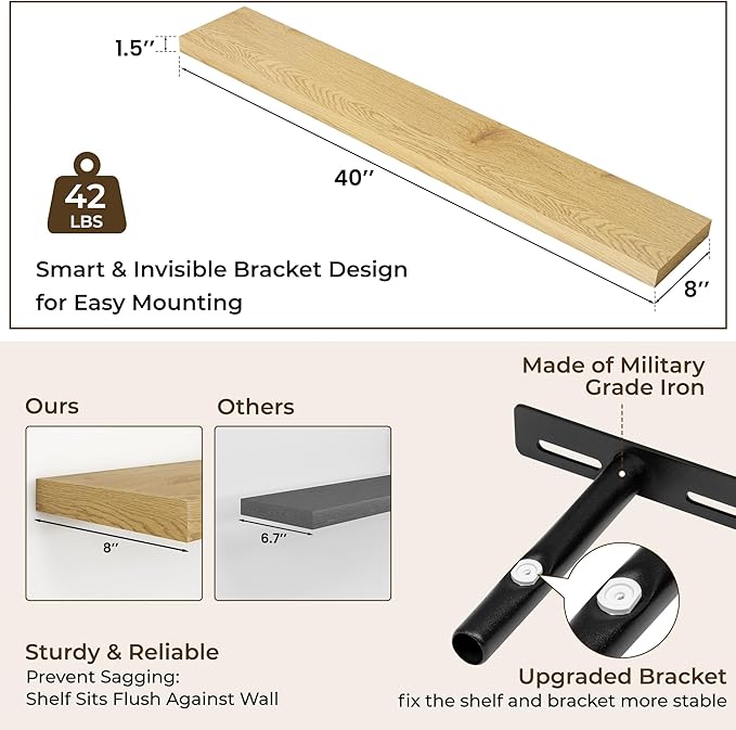 RICHFOCUS 40Inch Floating Shelves for Wall 2 Pack Shelves for Bedroom|Kitchen|Bathroom Wall Mounted Rustic Wood Floating Shelf with Invisible Brackets for Books|Storage|Decor, Oak-Ruum Studio Home
