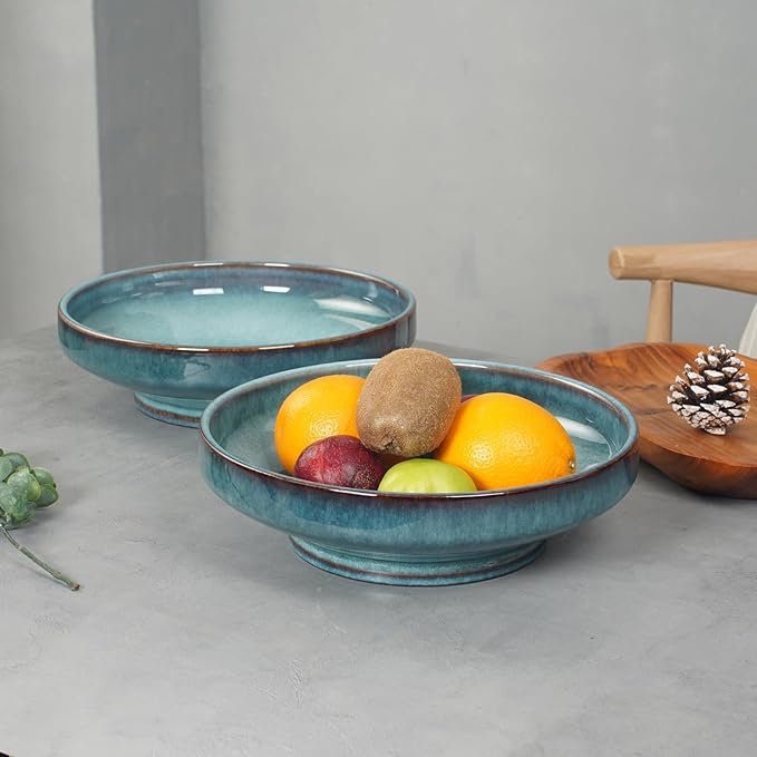 Ceramic Fruit Bowl for Kitchen Counter,Decorative Pedestal Bowl for Table Countertop,Large Footed Serving Bowl,10.2 Inch (Blue)-Ruum Studio Home