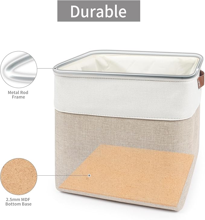 13x13 Cube Storage Bins, Collapsible Fabric Storage Box, 4 Pack Closet Baskets with Handles for Organizing, Shelf, Toys, Clothes, Home, Office, Nursery (Beige&White)-Ruum Studio Home