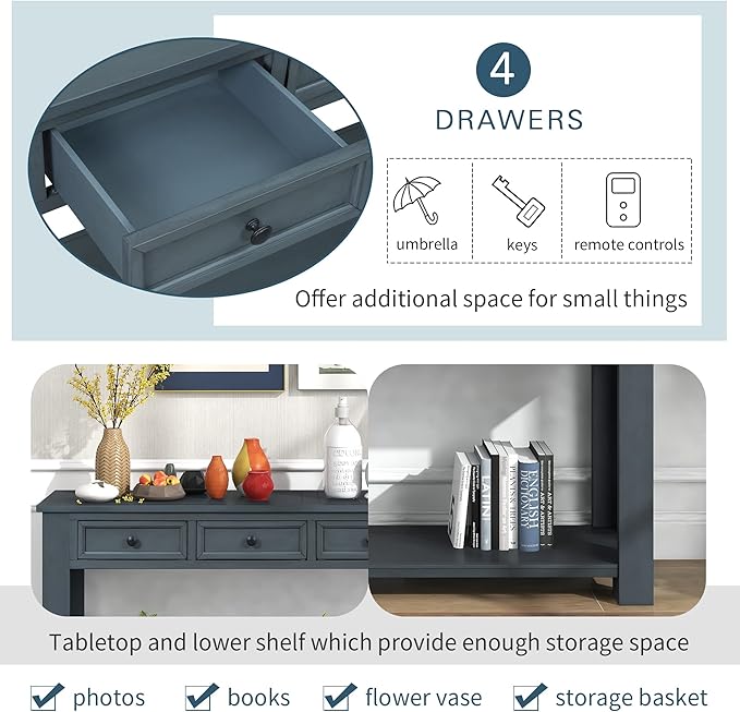 Solid Wood Console Table, Long Sofa Table Entryway Table with 4 Drawers and Bottom Shelf for Hallway Living Room Couch Table,Fully Assembled (63" Navy)-Ruum Studio Home