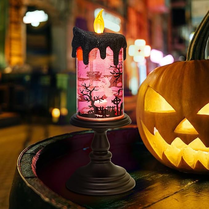 Halloween Snow Globe Candles Lighted Lamp, Lighted Flameless Candles with Water Glitter Swirls and Spooky Moving,Battery Operated-Ruum Studio Home