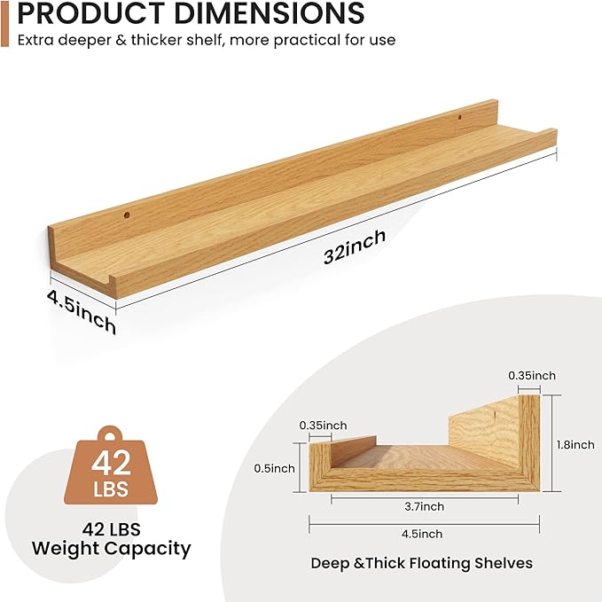 Fun Memories Picture Ledge Shelves Set of 2, 32 Inch Rustic Wall Mounted Floating Shelves with Lip for Home Storage and Décor in Bathroom, Kitchen, Nursery, Bedroom, Living Room, Oak-Ruum Studio Home