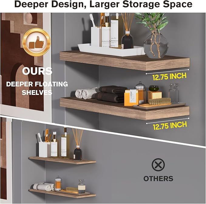 Floating Shelf, Set of 2 Wall Shelf, 30 in W x 12.75 in D x 2 in H Wooden Floating Wall Shelf with Invisible Brackets for Living Room/Bedroom/Bathroom/Kitchen Storage and Decor, Walnut-Ruum Studio Home