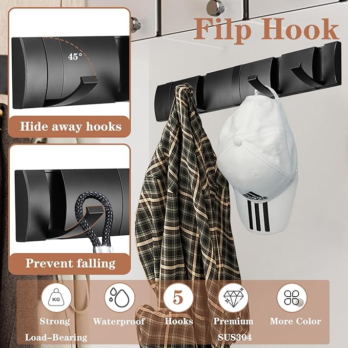Folding Coat Hooks, Wall Mounted Coat Rack with 5 Retractable Hooks, Heavy Duty Towel Rack for Bathroom Wall Hook for Hanging Clothes Bathrobe, Stainless Steel Coat Hanger for Entryway(Black)-Ruum Studio Home