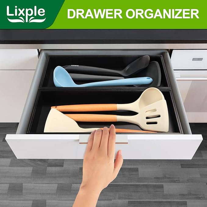 Bamboo Kitchen Drawer Organizer - Set of 2, Stackable Utensil Organizers, Wooden Storage Box Tray for Cabinet, Pantry, Bathroom Countertop, Multi-use Organization and Storage (Black)-Ruum Studio Home