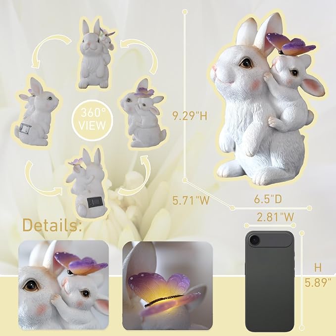 Solar Garden Statues Rabbit with Solar Lights,Mother&Baby Bunny Figurine with Butterfly Changing Lights for Yard Art Garden&Patio Decor,Unique Easter&Birthday Gifts for Women Mom Grandma-Ruum Studio Home