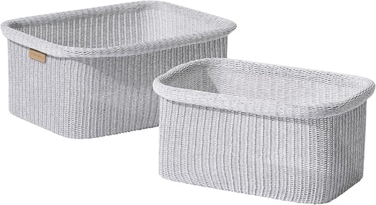 La Jolie Maison Blended Fabric Storage Baskets Set of 2, Rectangle Knitted Baskets for Organizing, Boho Decorative Baskets, Durable Finish, Grey-Ruum Studio Home