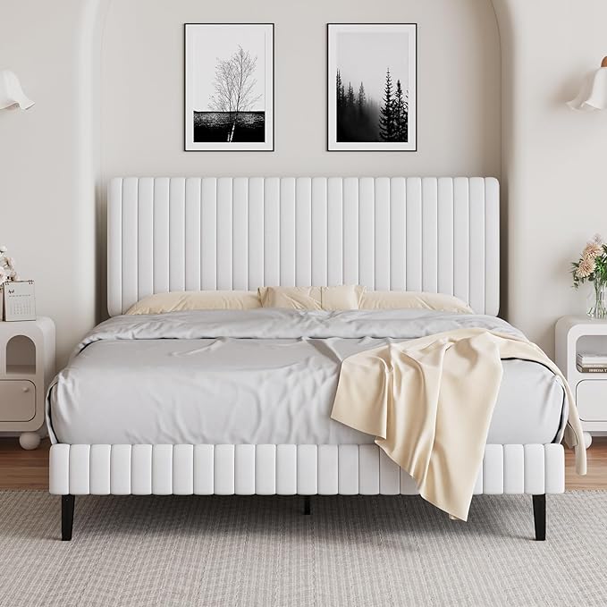 Queen Size Bed Frame with Headboard, Velvet Upholstered Platform Bed with Vertical Channel Tufted Design, No Box Spring Required, Easy Assembly, White-Ruum Studio Home