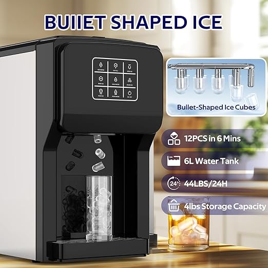 3 in 1 Water Dispenser with Ice Maker, Ice Maker Countertop, Bullet Ice, Crushed Ice, Water Cooler, 44Lbs/24H, 12 Ice/6Min, Self-Cleaning, 4Lbs Ice Storage, Home/Kitchen/Party/RV (Touchscreen)-Ruum Studio Home