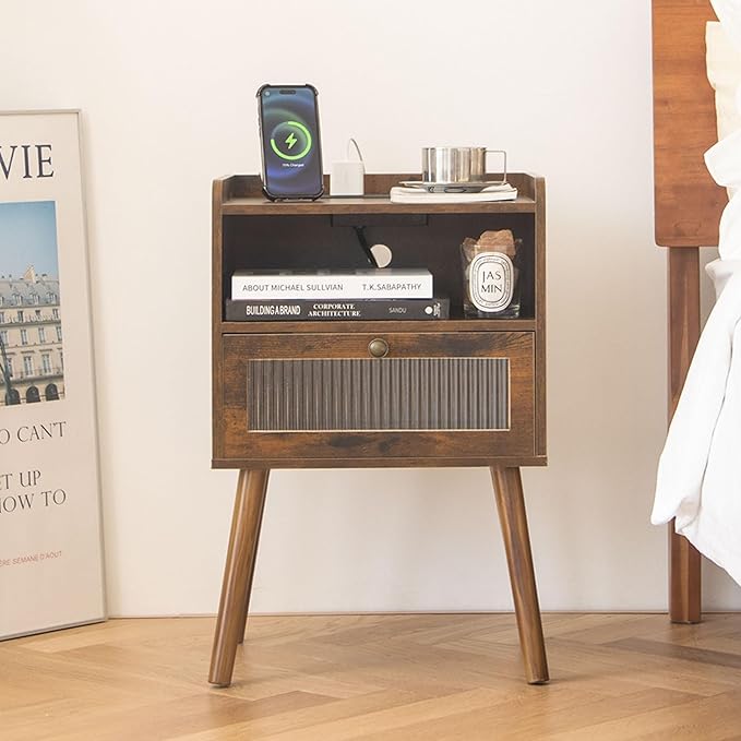 AWASEN Mid Century Night Stand with Charging Station, Wood Bedside Table with Glass Drawer, Small Modern Nightstand End Side Table with 2 Tiers Storage for Bedroom, Office(Rustic Brown)-Ruum Studio Home