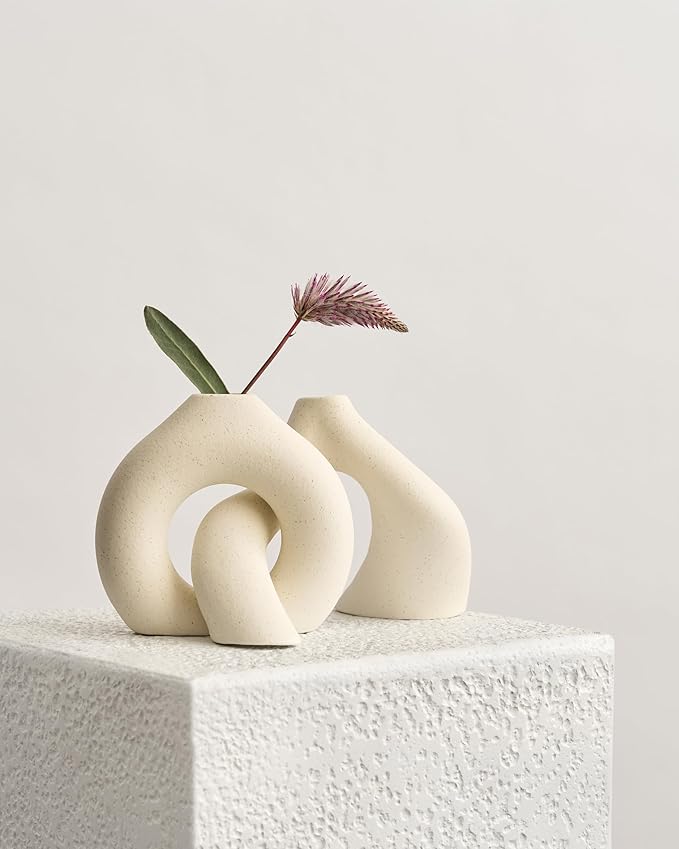 NOBULA White Ceramic Donut Vases – Modern Home Decor for Living Room, Bedroom & Table Centerpiece - Minimalist Nordic – Unique Vases for Olive Plant & Flowers – Decorative Coffee Table Vase Set of 2-Ruum Studio Home