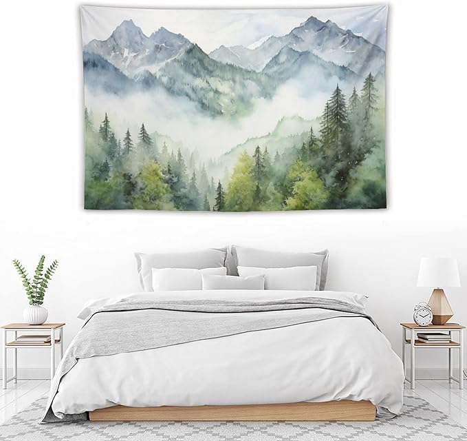 HZOHNAGO Mountain Tapestry Misty Green Forest Mountain Pattern Printed Wall Tapestry Wall Hanging for Bedroom Living Room Dorm 60" W x 40" H-Ruum Studio Home
