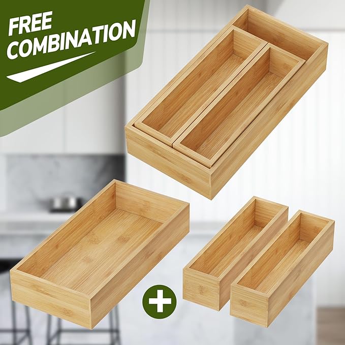 BAMEOS 3-Piece Bamboo Drawer Organizer, Utensil Organizer for Drawer, Junk Drawer Organizer for Kitchen Bathroom, Dressing Room, Office, Pantry (Natural)-Ruum Studio Home