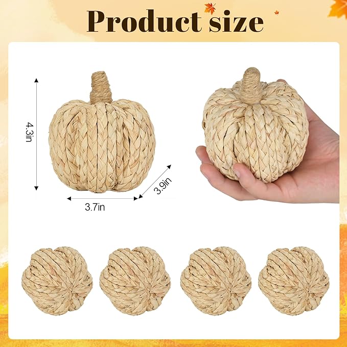 naturevibe 4.3 Inches Braided Cornhusk Pumpkin Decor Set of 4 as Centerpieces for Tables,Natural Corn Stalks Woven Pumpkins for Fall Home Decor,Thanksgiving Decorations or Autumn Harvest Gifts-Ruum Studio Home