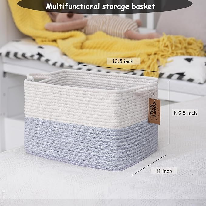 COMFY-HOMI 3PACK Cotton Rope Square Baske with Handles for Shelves|Dog Toy Baske Bin and Storage|Baby Baske for Gift|Shoe Baske for Organizing|13.5" x 11" x 9.5" for Living Room（White/Blue）-Ruum Studio Home