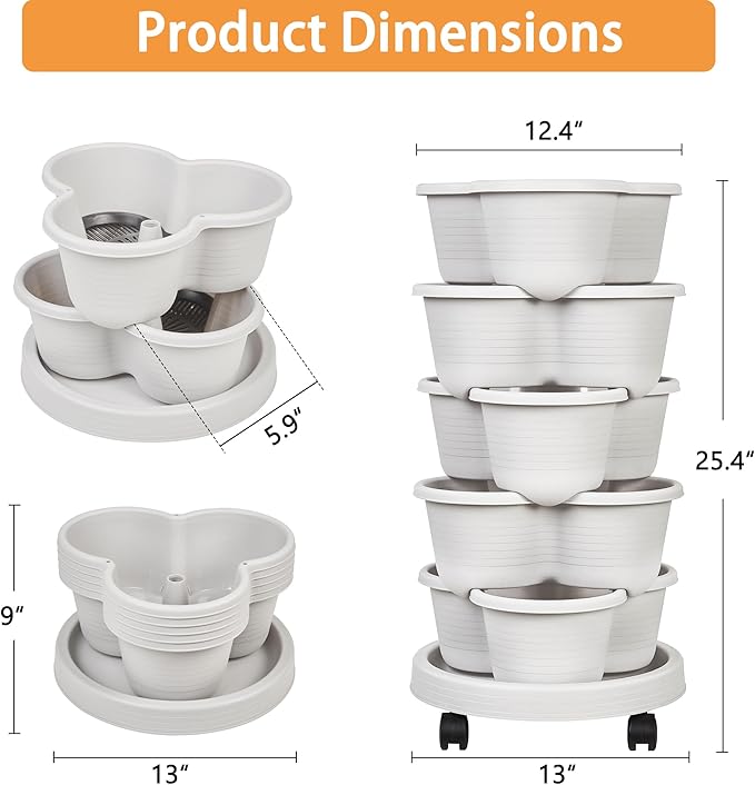 VECELO 5 Tier Vertical Garden Planter, Self Watering Stackable Planters with Wheels for Strawberries, Herbs, Flowers, Vegetables, Gray-Ruum Studio Home