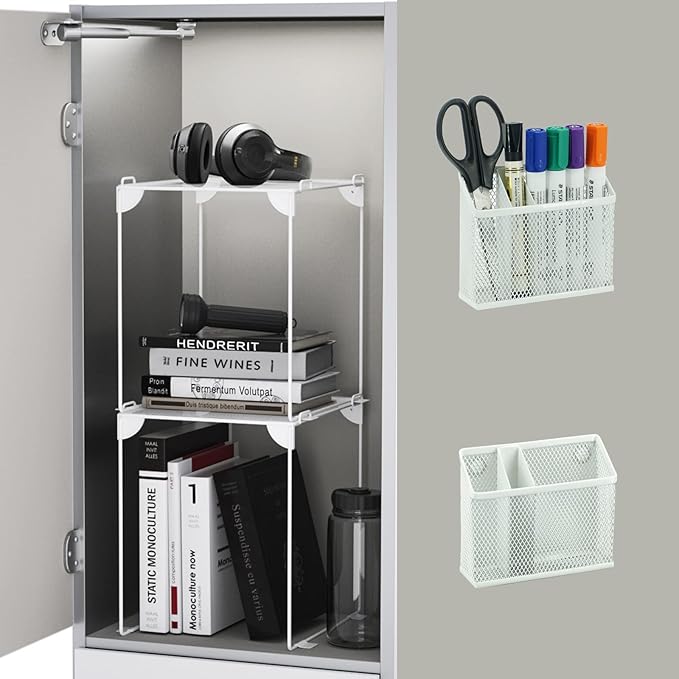 Neudeoc Locker Organizer and Accessories Kit, Includes Mesh Locker Shelf and Magnetic Pen Holder, Suitable for School, Work, Kitchen and Bathroomn (Pack of 4, White)-Ruum Studio Home