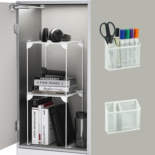Neudeoc Locker Organizer and Accessories Kit, Includes Mesh Locker Shelf and Magnetic Pen Holder, Suitable for School, Work, Kitchen and Bathroomn (Pack of 4, White)-Ruum Studio Home