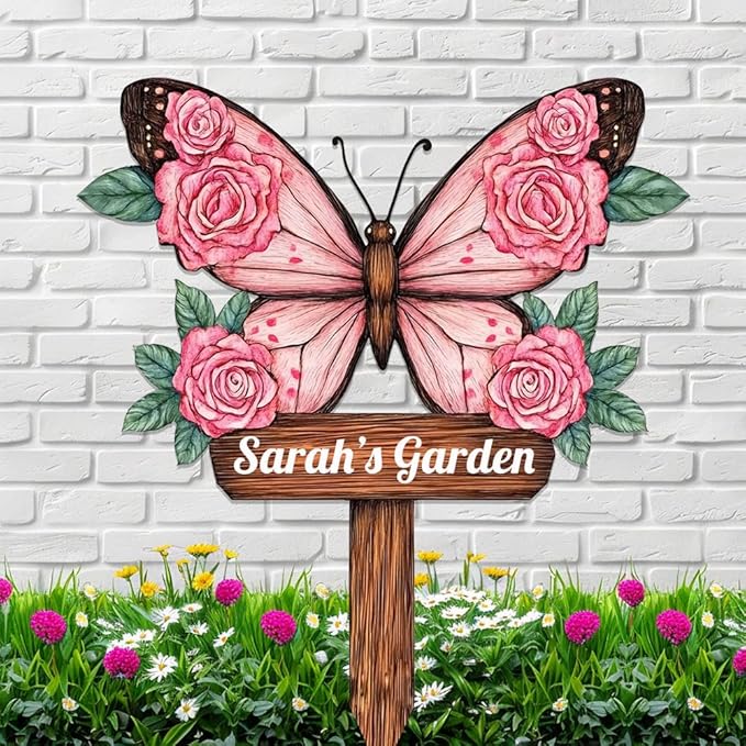 Personalized Butterfly Metal Sign with Stake,Custom Gardener Last Name Signs Outdoor Decorate,Customized Garden Accessories Decor for Mother's Day,Rose Flowers Plaques for Patio Lawn Porch Backyard-Ruum Studio Home