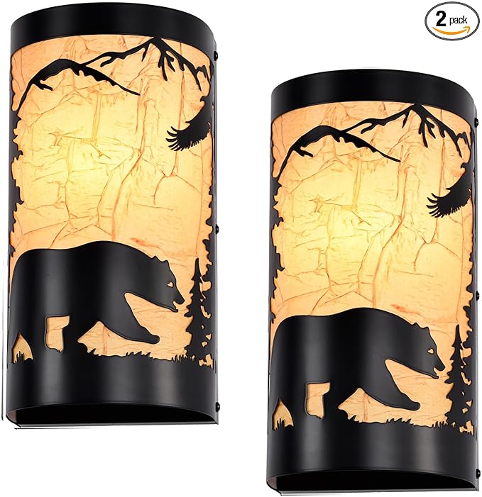 Black Wall Sconces Set of Two,Bear Metal Yellow Parchment Rustic Wall Sconces,Farmhouse Hallway Wall Light Fixtures,Industrial Wall Mount Lamp,Indoor Wall Lamps for Living Room,Bedroom,Porch-Ruum Studio Home