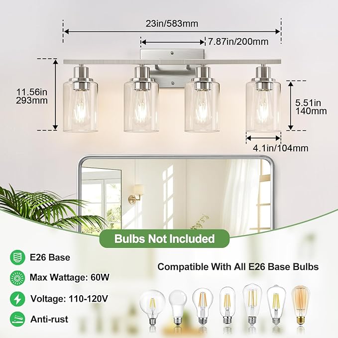 4-Light Bathroom Light Fixtures, Brushed Nickel Vanity Lights with Clear Glass Shades, Modern Bathroom Wall Lamp for Mirror Living Room Cabinet Bedroom Porch-Ruum Studio Home