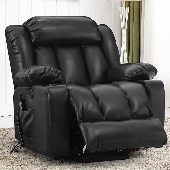PARKOL Power Lift Recliner Chair for Elderly Breathable Leather Recliner Chair with Massage and Heat,2 Cup Holders,Electric Stand Assist,USB Ports,Gifts for Family (Black)-Ruum Studio Home