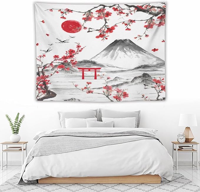 Red Cherry Blossoms Tapestry, Japanese Fuji Mountain Tapestry, Asian Japanese Wall Tapestry, Nature Landscape Tapestries for Bedroom Living Room Decor 80"x60"-Ruum Studio Home