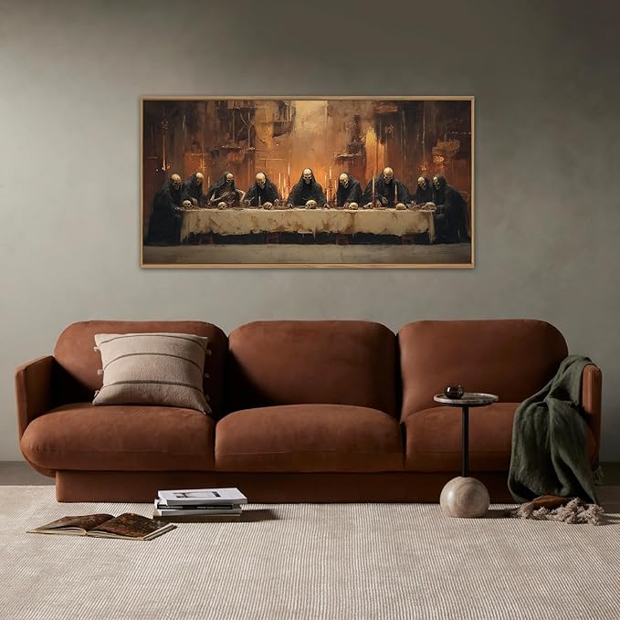 KAIRNE Framed Skeleton Canvas Wall Art,Abstract Retro Skull Print Set of 1(40”X20”),Scary Halloween Pictures,Horror Wall Art,Skeleton Last Supper Posters for Living Room Bedroom Ding Room Office Decor-Ruum Studio Home