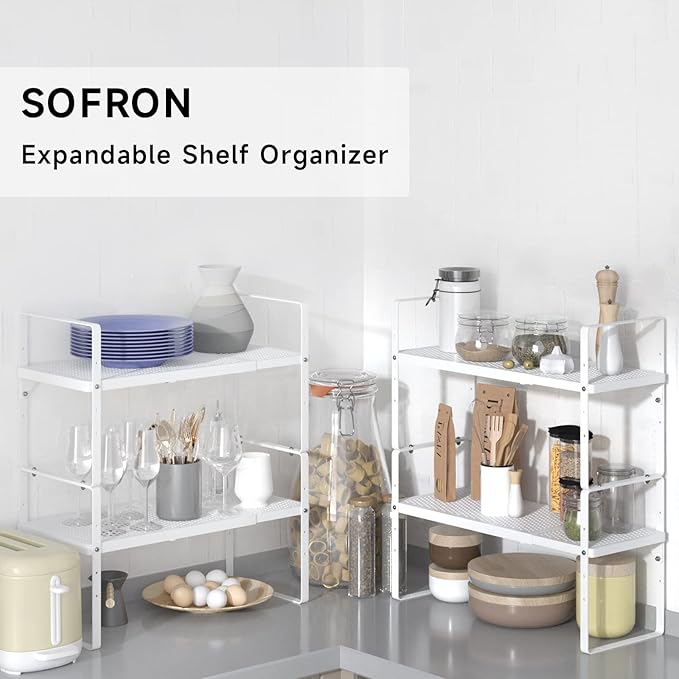 Expandable Cabinet Storage Shelf Stackable Organizer Rack for Kitchen Bathroom Pantry Spice Cupboard Coffee Countertop Home Office Desk Heavy Duty Nonslip White Large 3 Packs-Ruum Studio Home