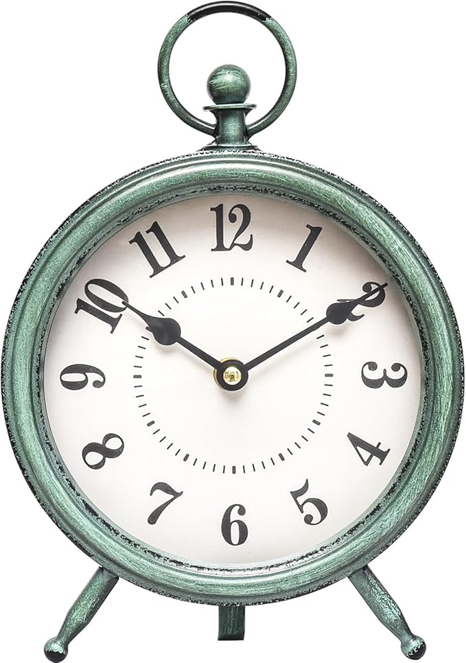 EMAX Home Vintage Green Rustic Retro Table Clock, Silent Non-Ticking, Battery Operated, 10.5"H, 7.28"W, Green Dial, Tabletop, Indoor, Kitchen-Ruum Studio Home