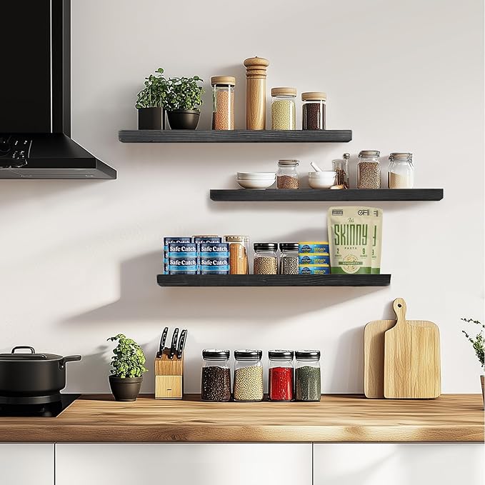 Floating Wall Shelves 3-Pack - 24-Inch Rustic Black Wooden Shelves for Storage and Décor, Easy Installation for Living Room, Bedroom, and Kitchen-Ruum Studio Home