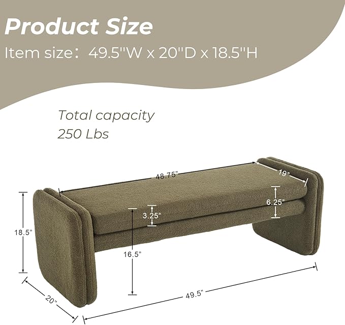 Green Boucle Bench 50" Sherpa End of Bed Bench Modern Upholstered Bench for Bedroom Entryway Living Room Vanity Makeup Room, Teddy Fabric Bench with Seating-Ruum Studio Home