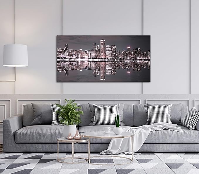 Conipit Chicago Wall Art Chicago Skyline Artwork City Night Downtown Picture Cityscape Painting Framed for Bedroom Home Office Decor 24"x48"-Ruum Studio Home