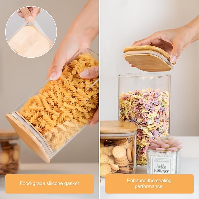 YUNCANG Glass Storage Jars 6 Pack 37oz Clear Glass Food Storage Containers with Airtight Bamboo Lid Stackable Kitchen Canisters for Candy,Cookie,Rice,Sugar,Flour,Pasta,Nuts and Spice Jars(Square)-Ruum Studio Home