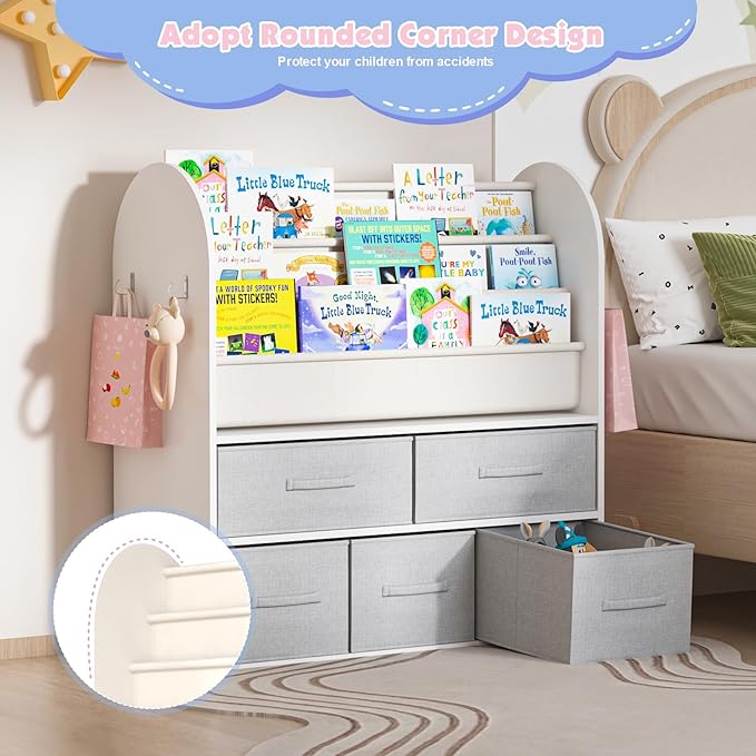 NACHES Kids Bookshelf and Toy Storage Bins, Children Bookcase Toddler Book Display Cabinet with 5 Toy Organizer Boxes for Playroom,Reading Room,Toddler Room,Nursery,Classroom-Ruum Studio Home