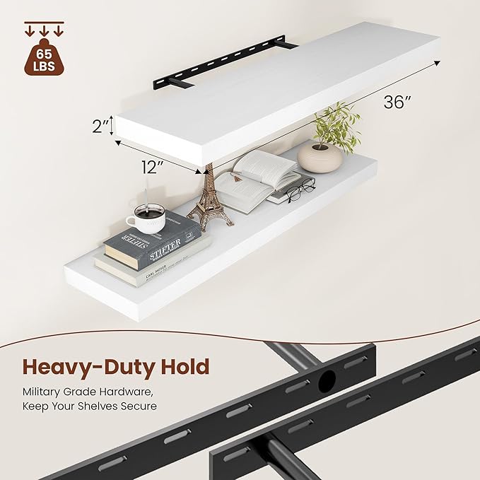 White Floating Shelves for Wall, 36 Inch X 12 Deep Shelves for Room Wall Mounted，2" Thick Heavy Duty Holds 65lbs Floating Shelf for Bedroom Bathroom Kitchen Laundry Room, Set of 2-Ruum Studio Home