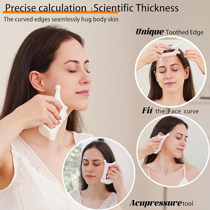 6-in-1 Ceramic Gua Sha Tool for Face & Body - Manual Facial Massage for Lymphatic Drainage, Jaw Lifting, Puffiness Care, Neck Massage for Stress Relief at Home, Self Care Gift for Mum Wife White-Ruum Studio Home