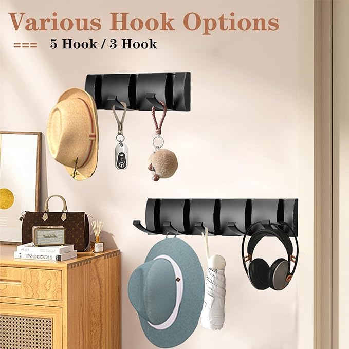 Folding Coat Hooks, Wall Mounted Coat Rack with 3 Retractable Hooks, Heavy Duty Towel Rack for Bathroom Wall Hook for Hanging Clothes Bathrobe, Stainless Steel Coat Hanger for Entryway(Black)-Ruum Studio Home